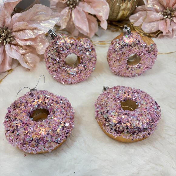 Set of 4 Pink Glitter Donut Christmas Holiday Candy Gingerbread Ornaments - Picture 4 of 6